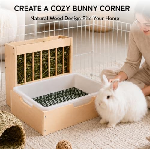 2 in 1 Extra Large Rabbit Hay Feeder with Litter Box, Wooden Bunny Toilet, for Large and Medium-Sized Dwarf Rabbit, Other Animals