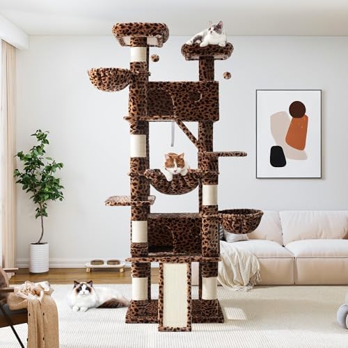 Allewie 81 Inches Tall Cat Tree/Multi-Level Large Climbing Tree House and Towers for Big Feline/Condo and Hammock/Scratching Post/Wide Base/Leopard Print