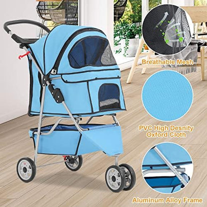 BestPet | 3-Wheel Foldable Pet Stroller | Blue | Lightweight & Portable