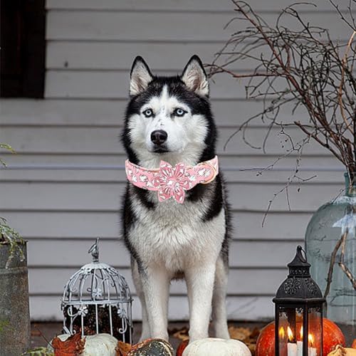 Elegant little tail Halloween Dog Collar, Pink Ghosts Print Dog Collar with Flower Puppy Collar Flower Female Cotton Adjustable Collars for Small Medium Large Dogs