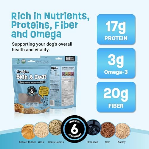 Gruffies Skin & Coat Dog Treats, Peanut Butter Dog Treats with Flaxseed, Kelp & Blueberries, USDA Organic, Non-GMO, Soy-Free, Wheat-Free, Corn-Free, Made in Canada, 6 oz (Pack of 6)
