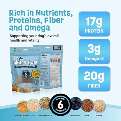 Gruffies Skin & Coat Dog Treats, Peanut Butter Dog Treats with Flaxseed, Kelp & Blueberries, USDA Organic, Non-GMO, Soy-Free, Wheat-Free, Corn-Free, Made in Canada, 6 oz (Pack of 6)