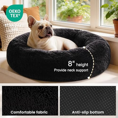 Love's cabin Calming Cat Bed for Indoor Cats, Anti-Anxiety Donut Round Dog Bed,Fluffy Faux Fur Washable Pet Bed for Small Medium Dogs and Cats, Black, 24in