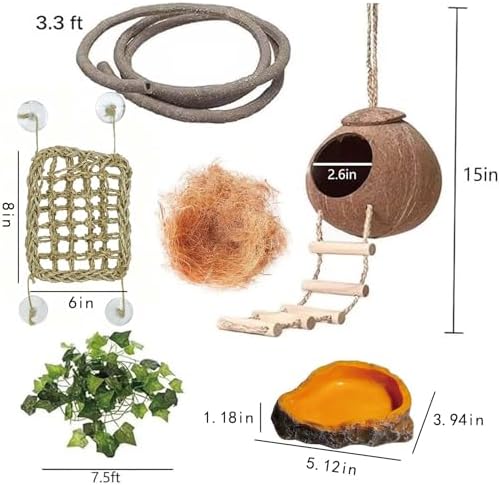 Leopard Gecko Tank Accessories. Reptile Hammock Vines Plants with Coconut Shell Ladder Hideout Hermit Crab Decor for Bearded Dragon Lizard Chameleon Crested Gecko Tortoise Snake(10PCS with Water Dish)