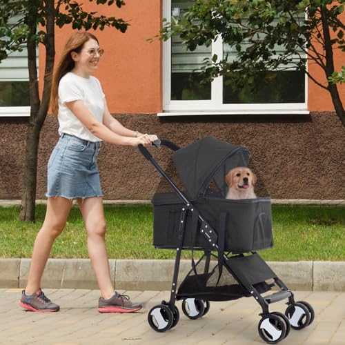 FDW 4-Wheels Multi-Function Dog Stroller Jogger with Detachable Carrier, Lightweight Travel Stroller for Small & Medium Pets, Black