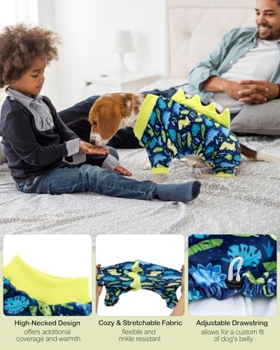 CuteBone Dinosaur Costume Dog Pajamas, Stretchy Spandex Crystal Velvet Sleepwear Coat for Small Dogs, Soft & Warm Pet Outfit Clothes for Cold Weather, Cozy Pullover Design COSP10XL
