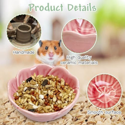 BNOSDM 2 Pcs Hamster Ceramic Food Bowl Flower Series Gerbil Drinking Bowls Anti-Turning Food & Water Dish for Dwarf Syrian Hamsters Gerbil Chinchilla（Pink, Narcissus Pattern）