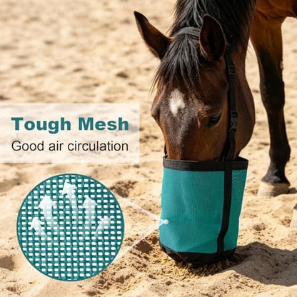 Horse Feed Bag for Grain, Breathable Muzzle Feed Bags for Horses, Universal Mesh Feedbag for Feeding Grain, Anti-Spill Design Feeder, Durable Nose Bag with Solid Bottom (Turquoise)