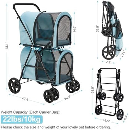 Double Pet Stroller for 2 Cats or 2 Dogs with Detachable Carriers