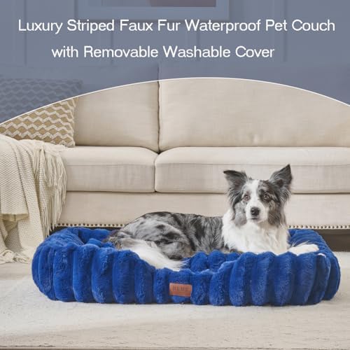 Luxury Dog Beds,Large Sized Dog Washable Furry Pet Beds,Comfort Rectangle Pet Sofa Couch with Ultra,Puppy Beds with Removable Zipper Cover,30x25x7.5inches,Navy Blue