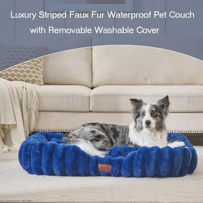 Luxury Dog Beds,Large Sized Dog Washable Furry Pet Beds,Comfort Rectangle Pet Sofa Couch with Ultra,Puppy Beds with Removable Zipper Cover,30x25x7.5inches,Navy Blue