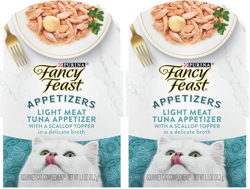 Fancy Feast Purina Appetizers Lickable Grain Free Wet Cat Food Topper Light Meat Tuna Appetizer with Scallop - 1.1 oz. Trays,(Pack of 20)