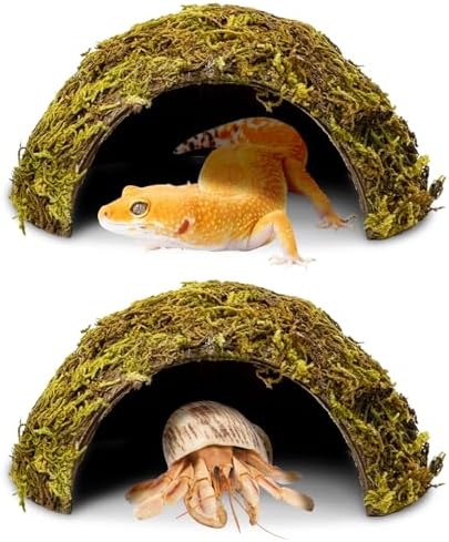 PINVNBY 2 Pack Natural Green Moss Hide Caves Coconut Reptile Hideouts Hamster Climbing Toys Gecko Habitat Decor Lizard Shell Shelter for Snake Tarantulas Turtle Chameleon