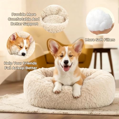 Calming Large Donut Dog and Cat Bed, Anti-Anxiety Round Soft Fluffy Plush Faux Fur Washable Anti-Slip Pet Bed for Medium Dogs Up to 35 lbs 28in Light-Brown