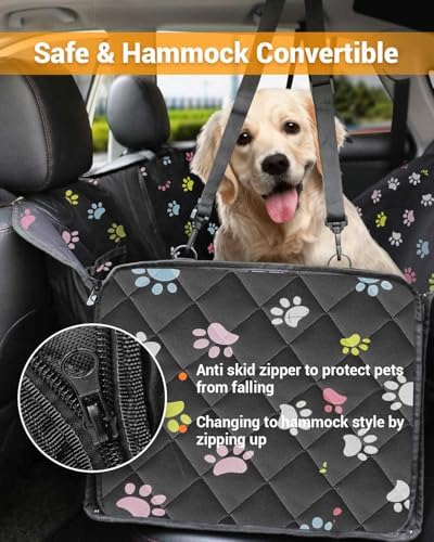 Dog Car Seat Cover, 600D Heavy Dute Car Seat Cover for Dogs Pets, 100% Waterproof Anti-Scratch Nonslip Dog Hammock for Cars, Seat Covers Protector with SeatBelt for Sedan SUV Truck Standard Paw