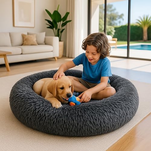 Calming Dog Bed - Fluffy Donut Cuddler for Anxiety Relief, Orthopedic Pet Bed with Non-Slip Bottom, Cozy Round Faux Fur Nest for Dogs and Cats, Plush Crate Mat for Comfort (Dark Grey, Medium)