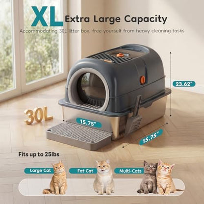 OLIXIS Stainless Steel Enclosed Litter Box with Lid, High Sided
