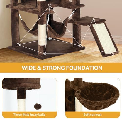 YITAHOME Tall Cat Tree for Indoor Cats, 75 inch Multi-Level Cat Tower with Cat Condos, Top Perches, Sisal Ramp Scratching Posts, Cozy Basket, Hammocks, Large Cat Pet Activity Structure, Brown