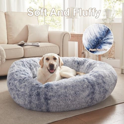 45 in Faux Fur Fluffy Donut Dog Bed for Extra Large Dogs,Dark Blue