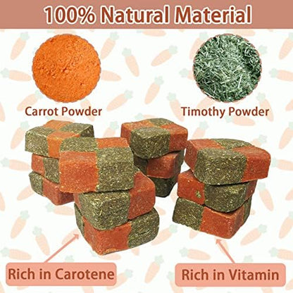 Fhiny 12 PCS Rabbit Carrots Chew Toys, Natural Timothy Hay Biscuit Cubes Rabbit Carrot Molar Treats Small Pet Snacks for Bunny Hamster Chinchilla Guinea Pig or Other Small Animals