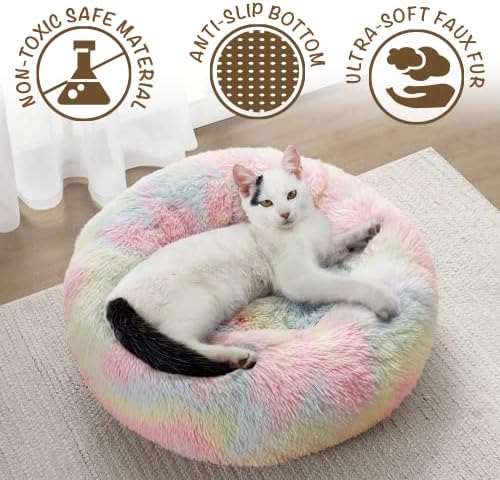 Friends Forever Donut Dog Bed Faux Fur Fluffy Calming Sofa For Small Dogs, Soft & Plush Anti Anxiety Pet Couch For Dogs, Machine Washable Coco Pet Bed with Non-Slip Bottom, 23"x23"x6" Rainbow
