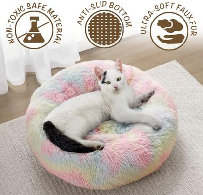Friends Forever Donut Dog Bed Faux Fur Fluffy Calming Sofa For Small Dogs, Soft & Plush Anti Anxiety Pet Couch For Dogs, Machine Washable Coco Pet Bed with Non-Slip Bottom, 23"x23"x6" Rainbow