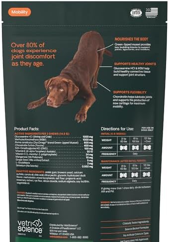 VetriScience Ultimate Strength Healthy Hip & Joint Chews, GlycoFlex Glucosamine, Chondroitin & GreenLipped Mussel Support Supplement for Dogs, Soothe Joint Discomfort, Duck,120 Ct (Pack of 2)
