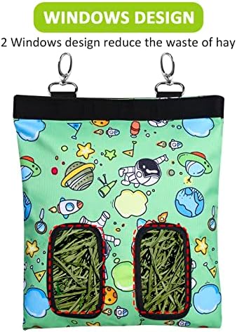 Rabbit Hay Feeder Bag Hanging Hay Rack (Pattern Green, 2 Windows)