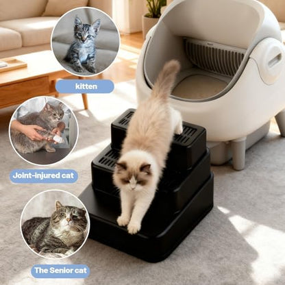 Adjustable 3 Step Litter Box Step, Cat Litter Box Ramp/Catcher White