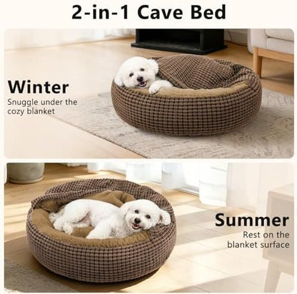 Dog Bed with Attached Blanket for Small Dogs or Cats, Soft Plush Cozy Donut Cuddler Hooded Pet Beds Washable. Round Puppy Bed Orthopedic, Calming Cat Cave Bed. Anti-Slip Bottom 26inch