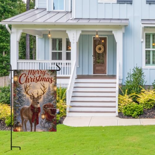 Christmas Reindeer House Flag 28x40 Inch Merry Holiday Deer Lighted Antlers Sleigh Gifts Lantern Snowy Forest Rustic Outdoor Yard Lawn Porch Double Sided Banner Welcome Decor