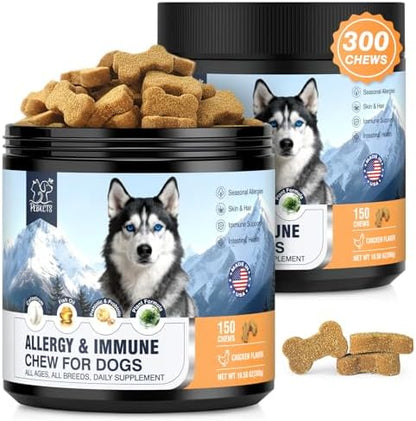 Dog Allergy & Immune Chews 300 Treats, Itching Skin Relief Chews Omega 3 Fish Oil Probiotics for Seasonal All Issues Allergies Skin & Hair, Gut, Immune-All Ages & Sizes Dogs Made in USA Chicken Flavor