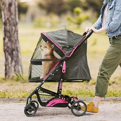 27.2” Buddy Buggies Foldable Pet Stroller - Shock Absorbing Frame with Storage - Machine Washable Fabric - Durable Mesh & UV Protected Retractable Canopy - Cat & Dog Stroller Up to 60lb
