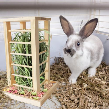kathson Rabbit Wooden Hay Feeder,Wooden Rabbit Hay Rack Less Wasted Guinea Pig Hay Holder Wood Small Animal Hay Feeder Self Standing Cage Accessories for Chinchillas Hamsters Bunny