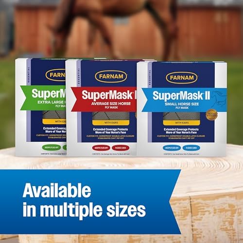 Farnam SuperMask II Horse Fly Mask with Ears, Extended Coverage Equine Fly Protection, Protects Eyes from Insects, Debris & UV, Adjustable Throat Latch, Plush Fleece Trim, Average Size (Pack of 2)
