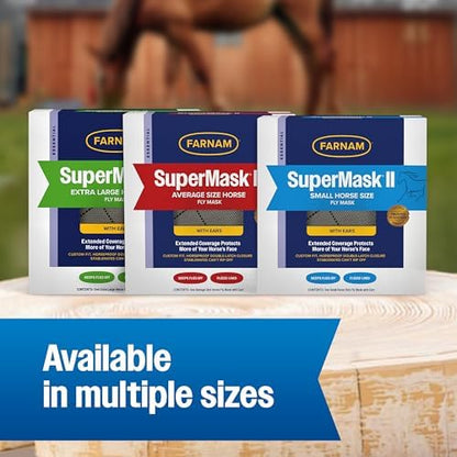 Farnam SuperMask II Horse Fly Mask with Ears, Extended Coverage Equine Fly Protection, Protects Eyes from Insects, Debris & UV, Adjustable Throat Latch, Plush Fleece Trim, Average Size (Pack of 2)