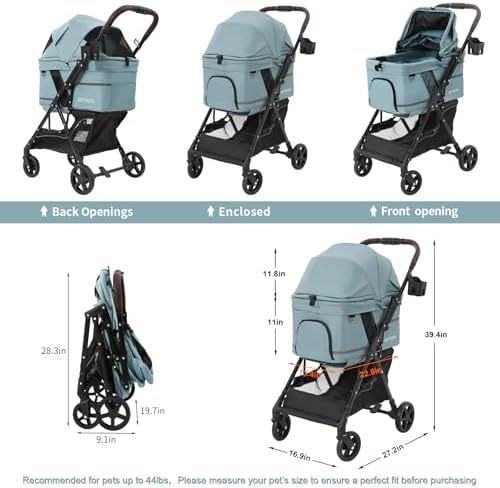 Dog Stroller with No-Zip Buckle Canopy, fits 2 Small Cats or 1 Medium pet,44 lbs Capacity One-Hand Fold,Lockable Front Wheels, Rear Brake