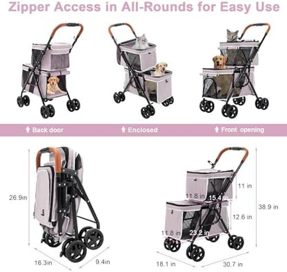 Double Pet Stroller for 2 Dogs & Cats, Double-Decker, Pink