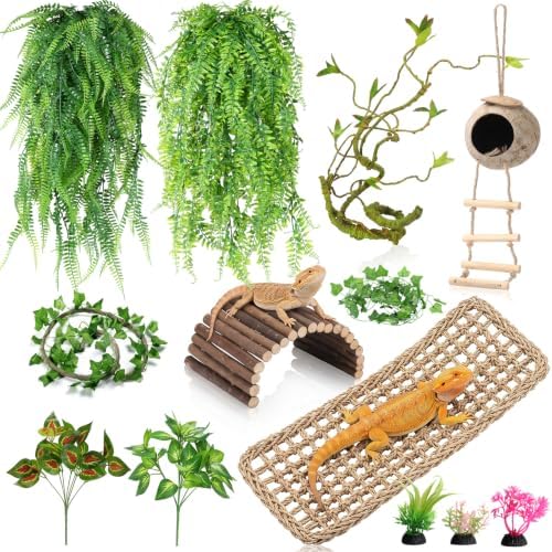 Alotiki Bearded Dragon Tank Accessories, 13Pcs Reptile Plants Vines and Leaves Crested Gecko Tank, Hammock Flexible Bridge, Jungle Climber for Snake Lizard Chameleon Terrarium Decor