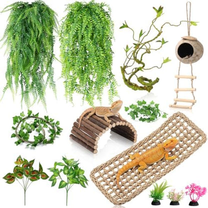 Alotiki Bearded Dragon Tank Accessories, 13Pcs Reptile Plants Vines and Leaves Crested Gecko Tank, Hammock Flexible Bridge, Jungle Climber for Snake Lizard Chameleon Terrarium Decor
