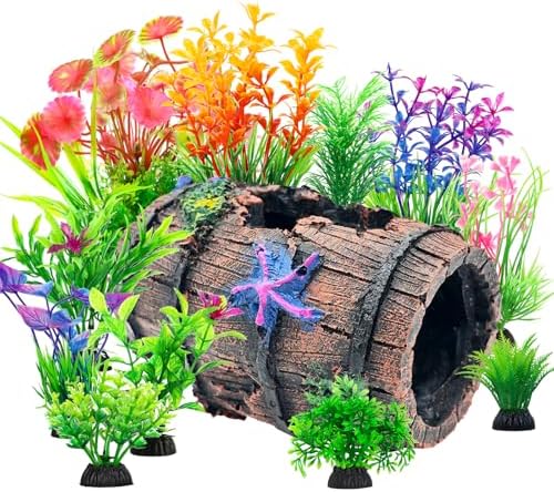 CousDUoBe Fish Broken Barrel Decor Fish Tank Decorations Betta Fish Tank Accessories,Starfish Barrel x 1pc, Aquarium Plants x 11pcs