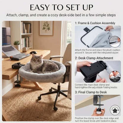 PatiencET Foldable Clamp-On Cat Desk Bed 13.8 Inch with Washable Gray Pad
