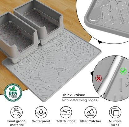 OHMO Cat Litter Mat Large Litter Box Mat, 31.5x23.6 Light Grey, Premium BPA-Free Silicone Rubber Kitty Litter Mat for Litter Box, High Edge Scatter Control Non-Slip Waterproof Litter Trapping Mat