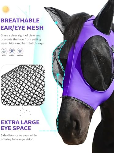 Harrison Howard Horse Fly Mask with Forelock Opening Stretch Breathable and Comfortable for Horses UV -Protection Purple L