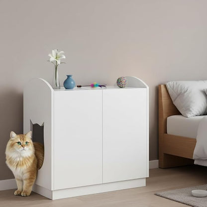 YITAHOME Hidden Cat Litter Box Enclosure, 31 Inch Litter Box Furniture with Hooks for Large Medium Cats, High-Gloss Wooden Cat Cabinet for Indoor Cats, White