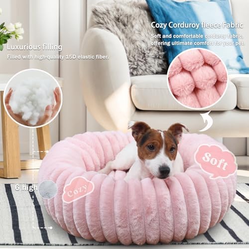 Donut Small Dog Bed Washable Cute Puppy Beds with Corduroy Fleece & Anti Slip Bottom, Round Faux Fur Pet Snuggle Beds for Large Cat, Pink, Small Breed 23x23x5.5 inches