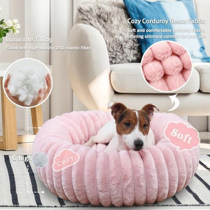 Donut Small Dog Bed Washable Cute Puppy Beds with Corduroy Fleece & Anti Slip Bottom, Round Faux Fur Pet Snuggle Beds for Large Cat, Pink, Small Breed 23x23x5.5 inches