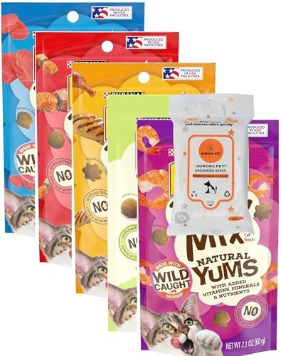 (5 Pack) Natural YUMS Cat Treats (Salmon, Tuna, Chicken, Shrimp, Catnip) 2.1-oz Each with AuroraPet Wipes