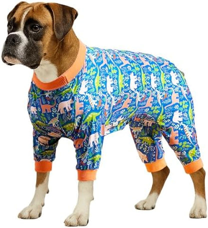 LovinPet Large Breed Dog Clothes Pajamas, Dinosaur Land Blue Print, L