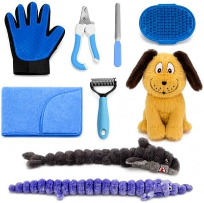 9-Piece Puppy Starter Kit with Squeaky Toys and Grooming Tools, Gift Basket